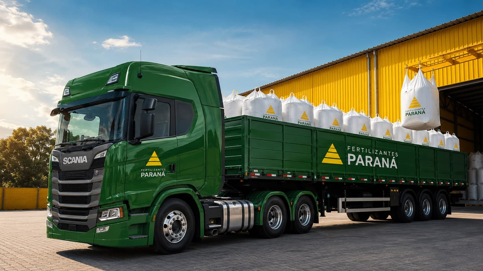 Carreta sendo carregada com fertilizante a granel no depósito